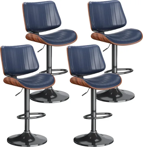 Vista 12 de Juego de 1 taburetes de bar giratorios de madera curvada ajustables para encimera de cocina, moderna silla de bar tapizada de piel sintética
