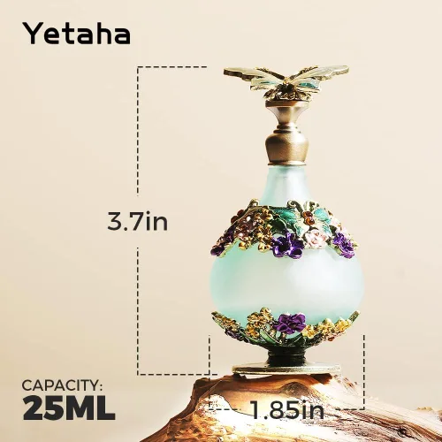 Vista 2 de Yetaha Botella de perfume de mariposa antigua, botella de decoración de flores rellenable, botella de cristal esmaltada con joyas para el día de San