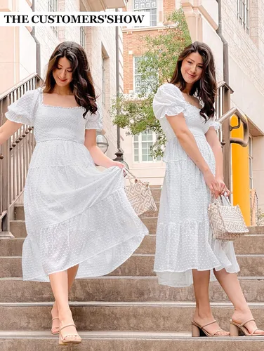 Vista 6 de MEROKEETY - Vestido de verano con lunares suizos para mujer vestido midi con cuello cuadrado, mangas abombadas, volados, lazo en la espalda