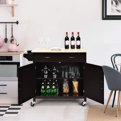 Vista 6 de Giantex Isla de cocina, carrito de cocina rodante, encimera de madera, carrito de servicio utilitario con armario de almacenamiento y 2 toalleros