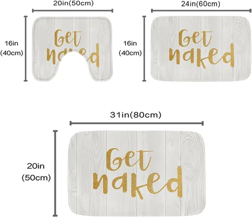 Vista 3 de Gold Get Naked - Juego de alfombras y tapetes de baño de tela dorada y blanca, 3 piezas de espuma viscoelástica, tapete de baño de terciopelo