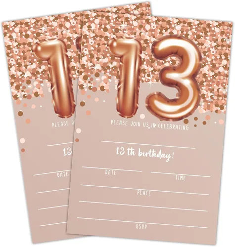 Vista 6 de Tarjetas de invitación de cumpleaños número 10, invitaciones de fiesta de cumpleaños número 10 con purpurina de oro rosa, suministros de decoración