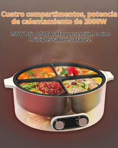 Vista 5 de Olla eléctrica con divisor, olla de 4 compartimentos, olla Shabu Shabu Shabu eléctrica de 2000 W con antiadherente, ollas calientes de 5 cuartos