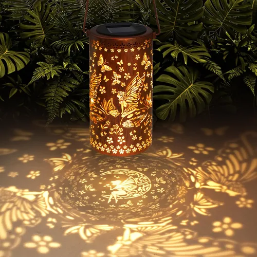 Vista 10 de Linternas solares para colgar al aire libre, linterna LED impermeable de metal con energía solar, decoración de patio, linterna con asa, idea