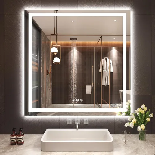 Vista 22 de Snowdool - Espejo de baño LED, de 24 x 36 pulgadas, con luz delantera y trasera, antiempañamiento, espejo de tocador de baño para pared, con función