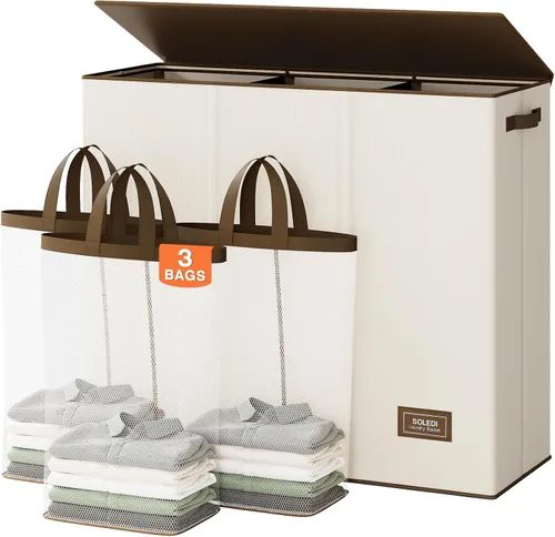 Vista 25 de SOLEDI Cesta de lavandería de 3 secciones de 180L con tapa, cesta de ropa sucia extragrande con asas resistentes para lavandería y dormitorio