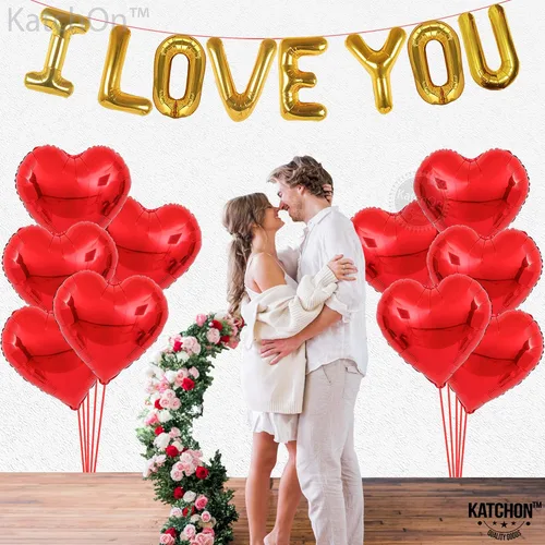 Vista 8 de KatchOn, Juego de globos I Love You, grande, paquete de 2043, juego de globos de oso de peluche grandes, pétalos de rosa rojos, globos de San