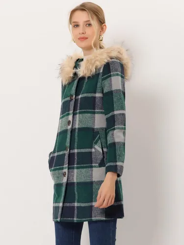 Vista 3 de Allegra K Abrigo de invierno grueso con botones y bolsillos frontales a cuadros para mujer con capucha esponjosa