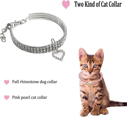 Vista 3 de Juego de Collar y Correa de Perro con Diamantes de Imitación y Perlas, Ajustable, Perros/Gatos Pequeños, Hembra, Elegante, Perla