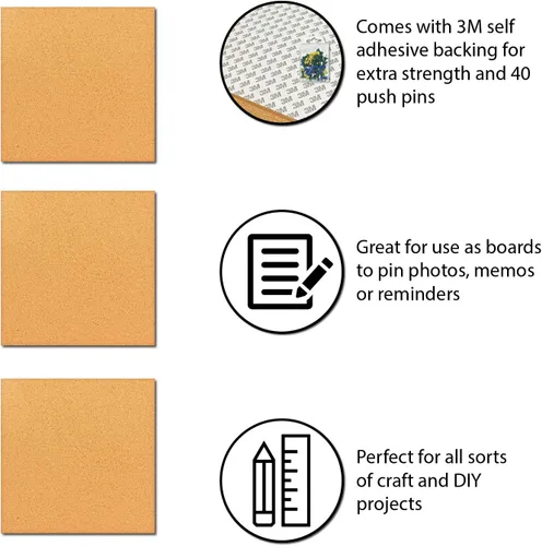 Vista 3 de Azulejos cuadrados de corcho de 12 x 12 pulgadas con parte trasera autoadhesiva, 1/2 pulgada de grosor, mini tablones de anuncios de pared