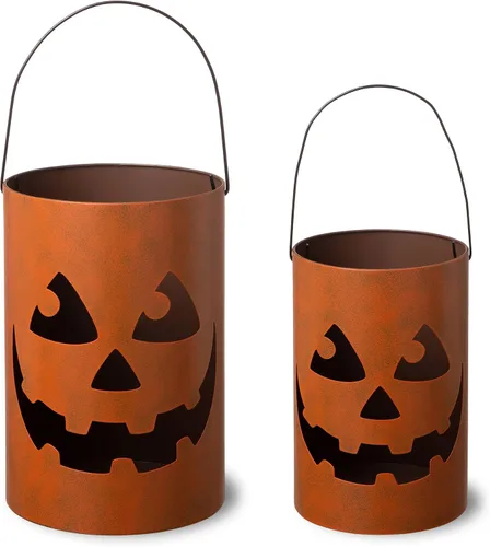 Vista 7 de Glitzhome Paquete de 2 portavelas de calabaza con recortes de Halloween, cubo de metal para Acción de Gracias, letreros decorativos de porche