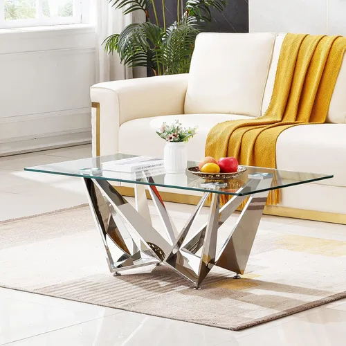 Vista 46 de Mesa auxiliar de cristal dorado de lujo, moderna mesa de centro cuadrada para sofá con base de acero inoxidable con espejo brillante, mesa de noche