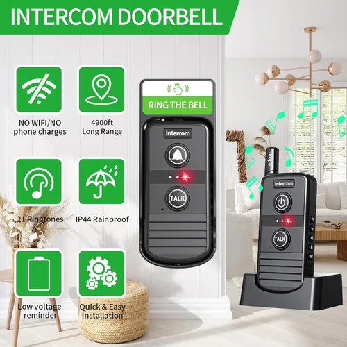 Vista 2 de Timbre inalámbrico, intercomunicadores inalámbricos para el hogar 4900ft Long Range Wireless Intercom System, Rechargeable Battery, 3 Volume