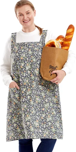 Vista 9 de Delantales sin lazos para mujer, talla grande, con bolsillos, de algodón, lino, para hornear, cocina, cocina