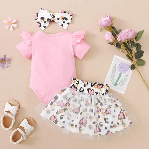 Vista 2 de MIEKISA Conjunto de mameluco y vestido de malla de leopardo para niñas con diadema