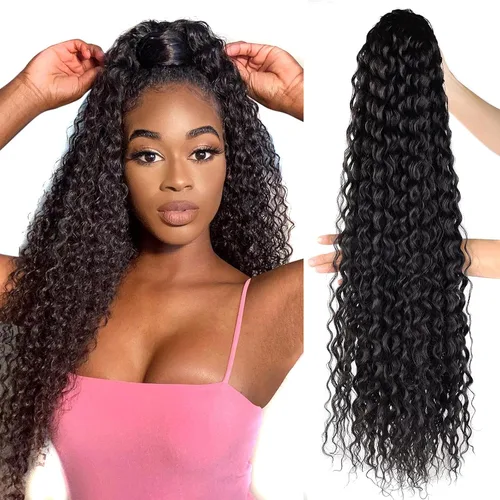 Vista 8 de Extensiones de cola de caballo de color marrón oscuro, extensiones de cabello humano real rizado con cordón, extensiones de cabello humano real