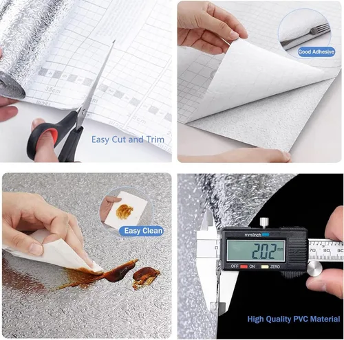 Vista 4 de Papel tapiz para cocina, adhesivo a prueba de aceite, salpicaduras, hoja de aluminio autoadhesiva, papel plateado, forro para gabinete, forro