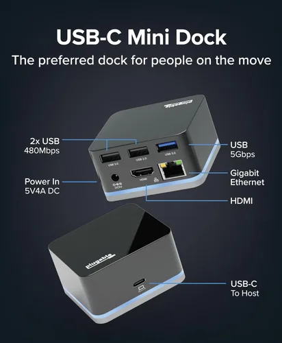 Vista 2 de Plugable Mini estación de acoplamiento USB-C con cable, HDMI compacta, Gigabit Ethernet y 3 puertos USB, funciona con USB-C, USB4 y Thunderbolt