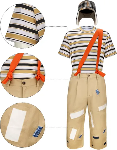 Vista 4 de Adults Costume Striped T-shirt Hat Straps Pants Outfit Halloween Cosplay Uniform Set