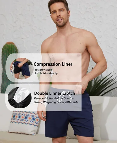 Vista 5 de Traje de baño para hombre con forro de compresión de 7 pulgadas, de secado rápido, con bolsillos con cremallera