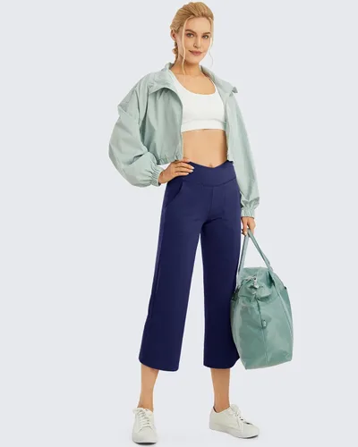 Vista 3 de G4Free Pantalones capri de pierna ancha para mujer, pantalones capri elásticos cruzados con bolsillos, pantalones cortos de cintura alta
