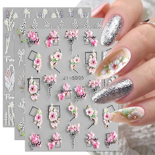 Vista 3 de Calcomanías de arte de uñas con hojas de flores en relieve 3D, 4 hojas 5D, pegatinas autoadhesivas para uñas, suministros de uñas de verano