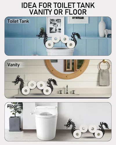 Vista 3 de Soporte para rollo de papel higiénico de dragón, montado en la pared, color negro mate, almacenamiento y organizador para 5 rollos adicionales