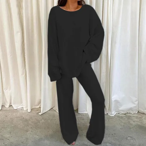 Vista 2 de jovati Women 2 Piece Sets Outfits Casual Long Sleeve Solid Color Tops With High Waist Pants Loose Fit Solid Pajama Sets