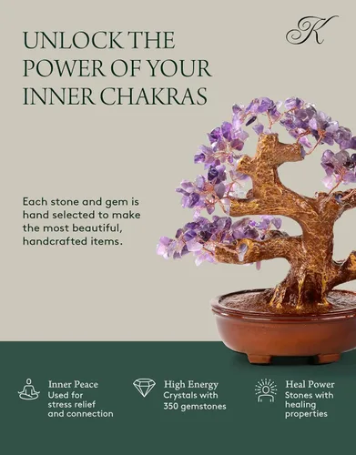 Vista 5 de KALIFANO Amatista natural (360 piedras preciosas) Árbol de cristal de chakras – Bonsái Feng Shui árbol de dinero para energía positiva, suerte