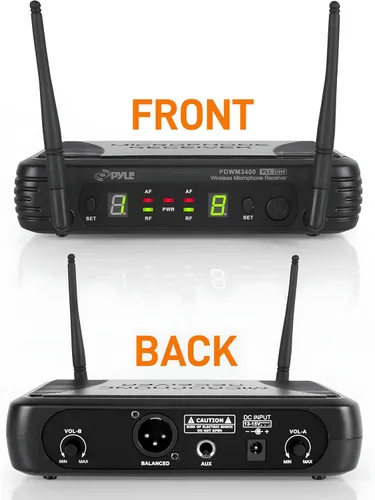 Vista 4 de Pyle Sistema de micrófono inalámbrico de 2 canales, juego de micrófono digital UHF portátil con 2 auriculares, 2 solapas, 2 transmisores, cable de ¼