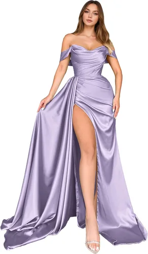 Vista 35 de Dream Wedding Vestidos de fiesta de satén con hombros descubiertos con Agua