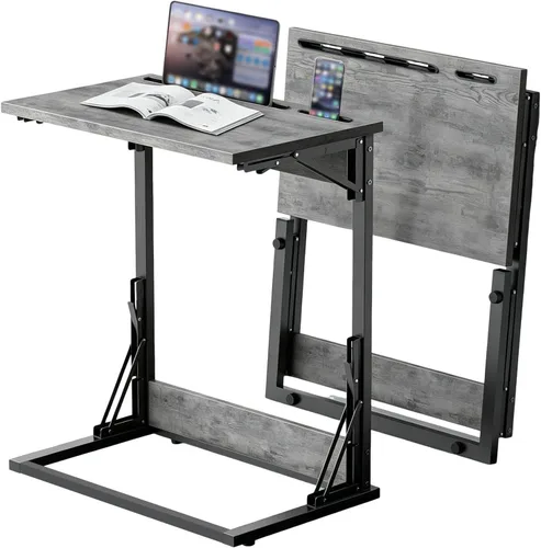 Vista 12 de Mesa plegable para TV, mesa de cena de TV, bandejas de TV de altura ajustable para comer en el sofá, mesa auxiliar en forma de C con ranuras