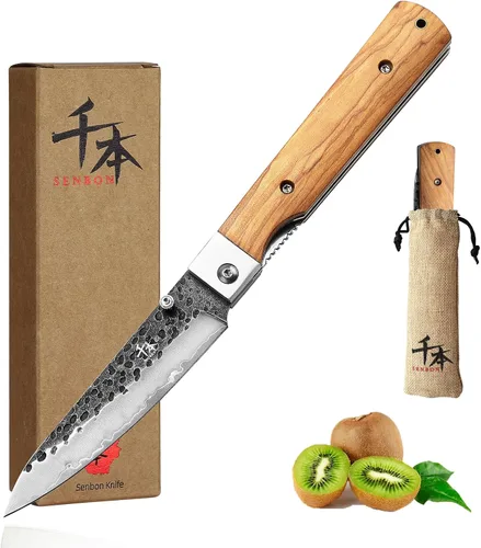 Vista 8 de SENBON Cuchillo de chef plegable de bolsillo súper afilado 440A forjado, cuchillo práctico, cuchillo de fruta, mango de oliva natural, para acampar