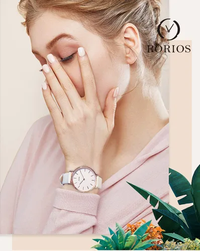 Vista 2 de RORIOS - Reloj de pulsera de piel con correa analógica de cuarzo para mujer, reloj clásico de estilo diario para amantes