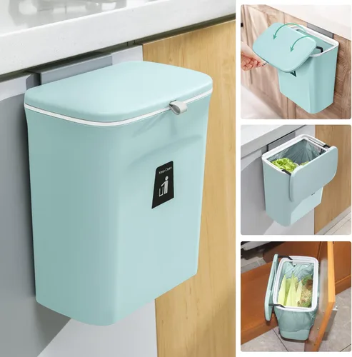Vista 11 de Tiyafuro Cubo de compost de cocina de 2.4 galones para encimera o debajo del fregadero, cubo de basura pequeño colgante con tapa para armario, baño