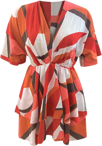 Vista 4 de Vestido de verano para mujer talla grande con cuello en V manga murciélago cintura elástica estampado