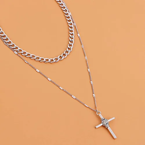Vista 6 de Collar de cruz en capas de plata, gargantilla gruesa, collar con colgante de cruz para mujer