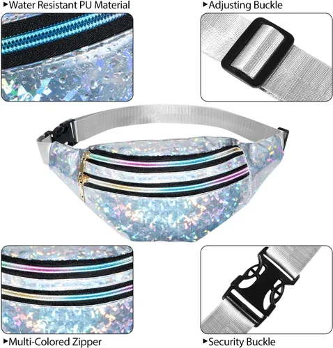 Vista 3 de 2 Piezas Holographic Fanny Pack Metallic Color Sport Waistbag para Mujeres Hombres Niños, Diamond Holographic Sliver and Black