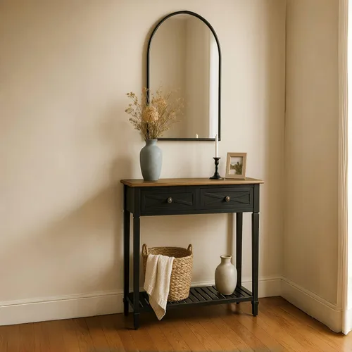 Vista 5 de KINTNESS Mesa de entrada, mesa consola estrecha con 2 cajones, mesa auxiliar de sofá con estantes para sala de estar, pasillo, color negro