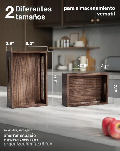 Vista 2 de Juego de 2 cestas de madera para encimera con malla de alambre Nogal