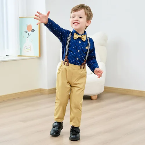 Vista 2 de nilikastta Trajes de ropa para niños, camisa de vestir con corbatín + pantalones con tirantes para niños grandes, trajes de boda para caballeros
