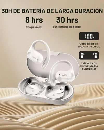 Vista 5 de Auriculares de oreja abierta, auriculares inalámbricos Bluetooth 5.3 con conducción de aire, ajuste cómodo y seguro, graves potentes, llamadas Beige