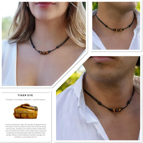 Vista 2 de Luck Strings Collar con colgante de cuentas de piedras preciosas de ojo de tigre con cordón ajustable de nailon de cera - gargantilla unisex
