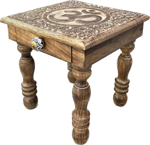 Vista 7 de DharmaObjects Mesa de meditación de altar del santuario de Puja tallada a mano de madera maciza de mango (flor de vida)