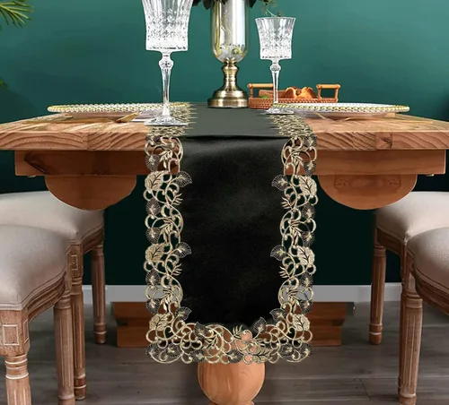 Vista 5 de DECOZEN Camino de mesa navideño de encaje dorado negro – Bufanda bordada para comedor y tocador para mesas de vacaciones, bodas y fiestas – 14 x 108