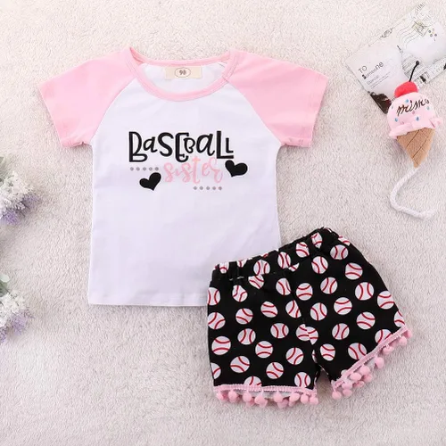 Vista 2 de Conjunto de ropa de dos piezas con estampado de hermanas de béisbol y pantalones cortos con borlas, ropa de dos piezas