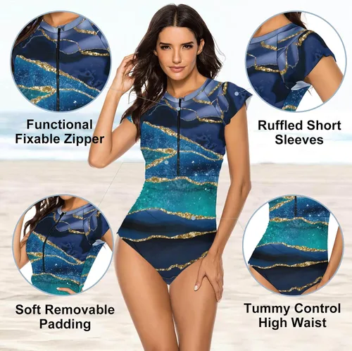 Vista 2 de Wolddress - Traje de baño de una pieza modesto para mujer, manga corta, control de barriga, traje de baño deportivo con cremallera, anti-sarpullido