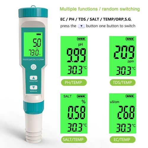 Vista 3 de Medidor de pH, 7 en 1 pH/TDS/EC/ORP/S.G/Medidor de salinidad/temperatura con medidor de pH ATC, medidor de agua de alta precisión de resolución