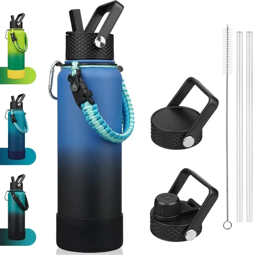 Vista 48 de BJPKPK - Botella de agua con tapa de popote, botellas de agua aisladas de 18 onzas con 3 tapas, asa de cuerda de paracaídas y base antideslizante