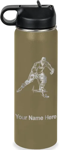 Vista 44 de LaserGram Botella de agua personalizada, jugador de hockey, acero inoxidable de doble pared aislada al vacío con popote superior, regalo grabado